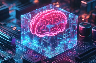 Glowing neon pink brain encased inside a transparent blue cube on a futuristic computer circuit board, symbolizing artificial intelligence and advanced technology