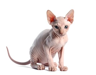 A Sphynx cat, a hairless breed, sitting and looking at the camera on white background