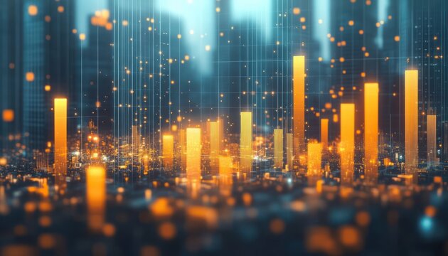 Abstract digital cityscape with glowing orange and yellow vertical bars resembling data visualization rising above a blurred futuristic urban environment, evoking innovation and technology