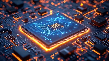 Close-up of a glowing computer microchip with blue circuitry and orange illuminated components on a circuit board