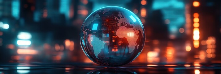 Futuristic glowing digital globe with illuminated continents floating above a reflective surface in a dark cityscape with blue and orange bokeh lights