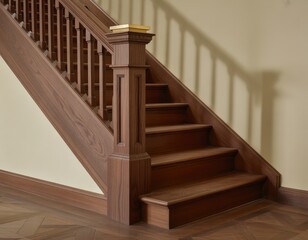 Luxurious wooden staircase with ornate balusters and a golden accent piece.