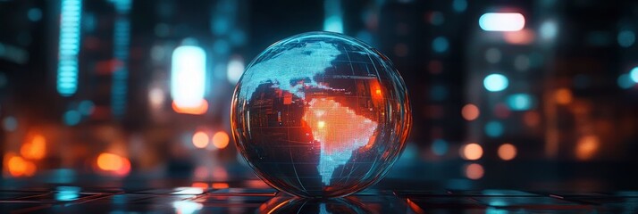Transparent globe with digital map and glowing orange and blue highlights reflecting a futuristic cityscape in the background