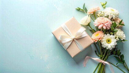 Elegant Gift Box with Flowers on Pastel Blue Background