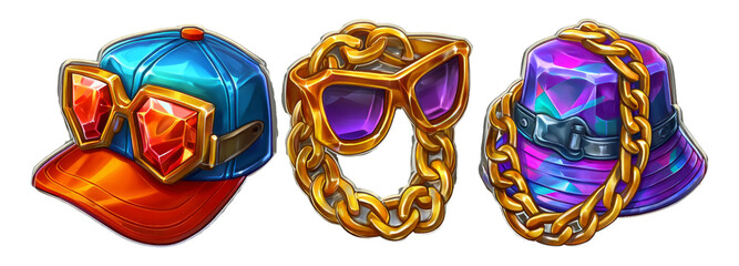 Vibrant Fashion Accessories Including Hat, Sunglasses, and Chain Necklace