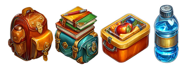 Colorful School Supplies Backpack, Lunchbox, Books, and Water Bottle Isolated