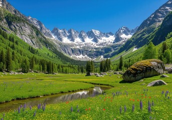 Emerald alpine meadow and winding stream leading to majestic snow capped mountains.