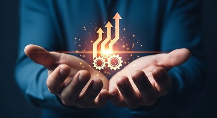 Hands holding upward trending arrows and gears symbolizing business growth and success
