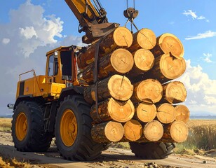 A yellow log loader lifting and transporting a large load of cut timber