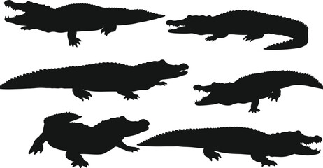 Black crocodile and alligator silhouettes collection, wild reptile vector illustration for logo design, tattoo art, wildlife, and nature themes