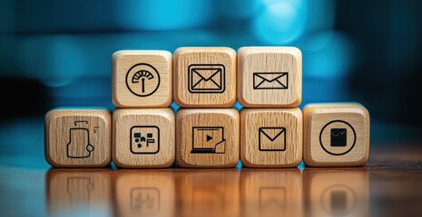 Wooden blocks stacked with various communication and digital icons displayed on a reflective surface with blue bokeh background