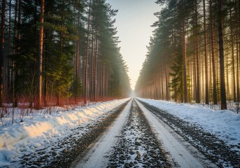 Long straight winter road through a dense pine forest illuminated by morning sun