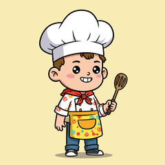 Little cartoon chef with a uniform and hat holds a spoon and pan in a restaurant kitchen vector illustration