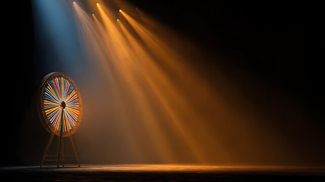 Illuminated prize wheel sits illuminated by dramatic stage spotlights on a dark surface