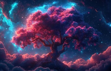 Majestic tree with vibrant pink foliage glowing under a starry sky with swirling blue and purple cosmic clouds surrounded by soft pink clouds creating a dreamlike atmosphere