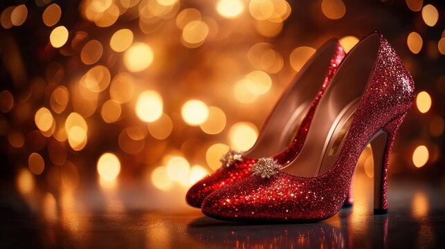 Pair of sparkling red high-heeled shoes with decorative brooches on toes against a bokeh light background creating glamorous atmosphere