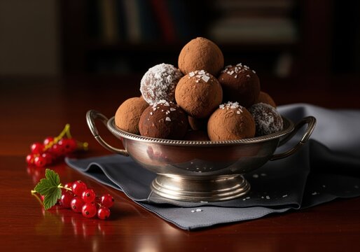 Decadent cocoa and sea salt chocolate truffles in a vintage silver compote dish.
