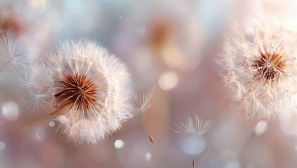 Close-up of dandelion seed heads in soft, dreamy light with floating seeds