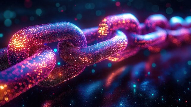 Close-up view of a glowing digital chain link composed of small bright particles in varying shades of purple, pink, and orange, set in a dark space with floating light orbs - Powered by Adobe