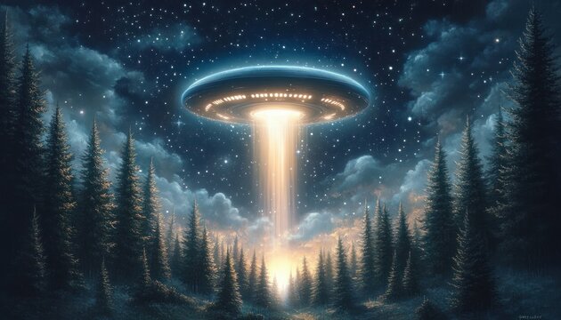 Flying saucer emitting bright beam of light over dense pine forest under a starry night sky with dramatic clouds