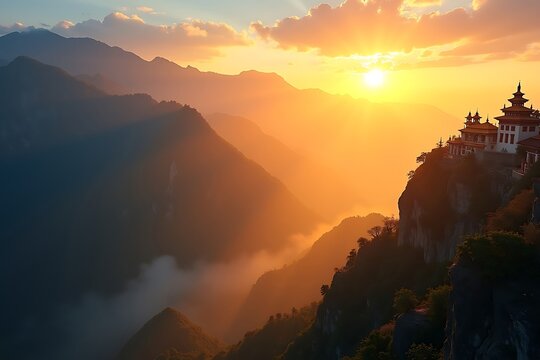 Paros taktsang tiger's nest monastery bhutan travel destination scenic mountain sunset landscape view 100