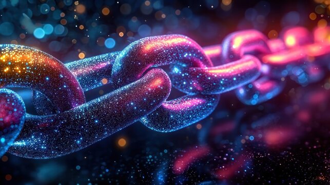 Close-up of a glowing metallic chain link illuminated with colorful blue, purple, and orange sparkles creating a futuristic and vibrant look - Powered by Adobe