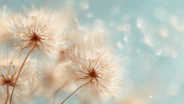 Close-up of dandelion seed heads with soft, ethereal blue background, seeds floating - Powered by Adobe