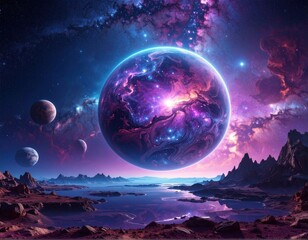 A celestial scene features a nebula planet above a surreal landscape