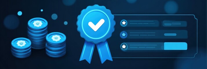 Digital Badge and Coins Representing Achievement and Rewards in an Online Platform or Game Environment
