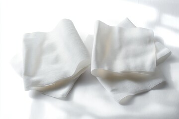 Obraz premium Two pieces of soft white gauze fabric loosely folded and gently layered on a white surface with soft lighting