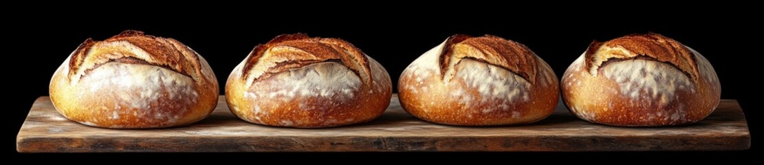 Four crusty round loaves of artisan bread with golden brown tops and flour dusting on rustic wooden board against black background