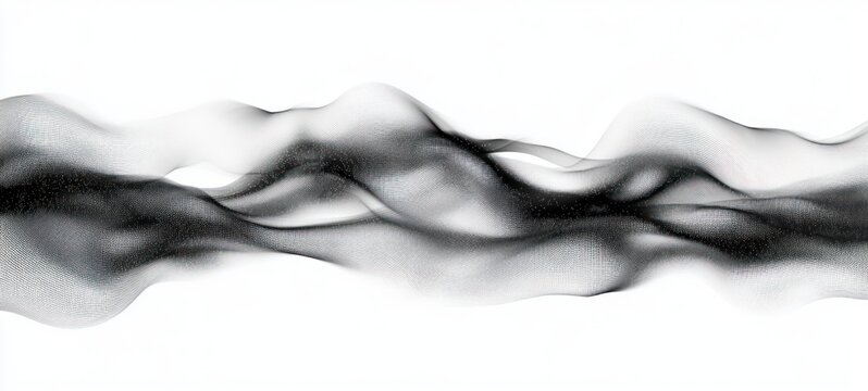 Abstract flowing black and gray particles forming smooth wave-like shapes on a white background, conveying fluidity and motion