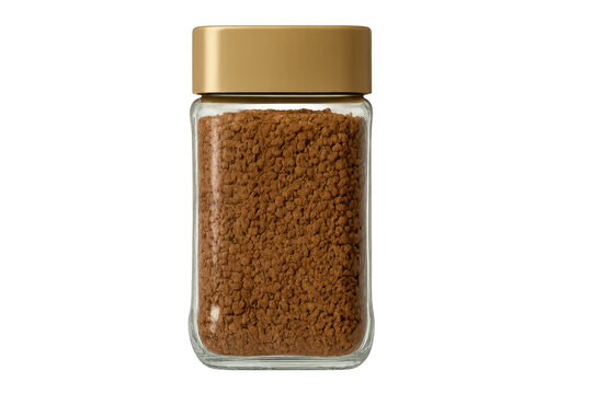 Instant coffee granules in glass jar with gold cap, transparent background