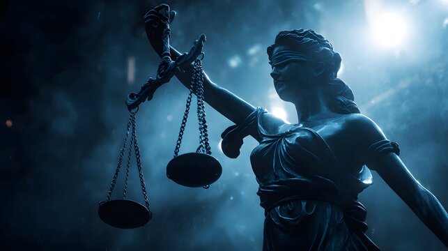 Statue representing impartial justice holds scales of balance against a dramatic, smoky background