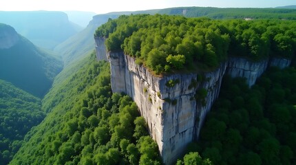 Aerial view of rocky cliffside with green trees in a mountain valley for outdoor adventure travel