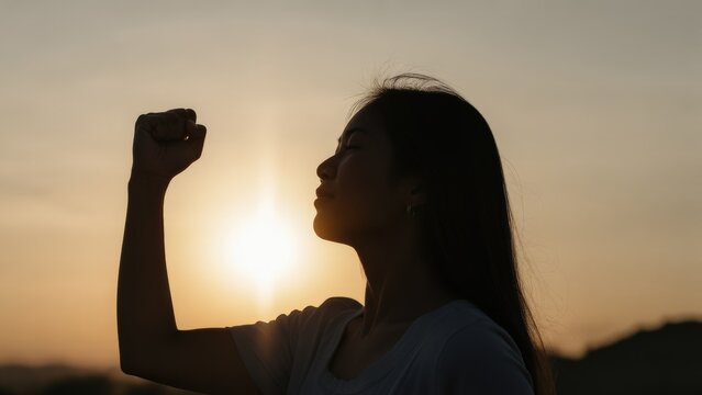 Strong confident woman! Winning and life goals concept. Empowered woman celebrating against a sunset backdrop, symbolizing strength and resilience. - Powered by Adobe