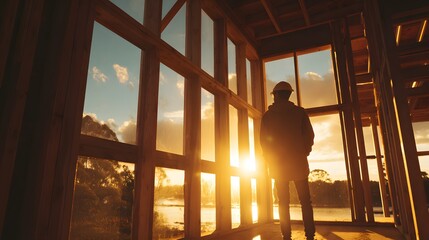 Construction worker silhouetted against bright setting sun inside unfinished wooden building frame