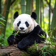 Fototapeta premium Adorable Giant Panda Eating Bamboo in Lush Green Forest Sanctuary