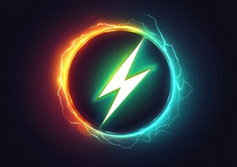 Bright electric lightning bolt symbol centered inside a glowing circle with intense orange and blue electric sparks radiating energy