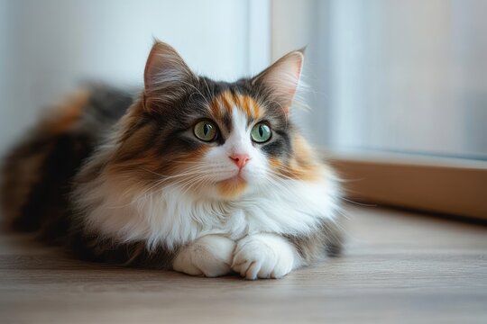 Fluffy calico cat with green eyes lying on wooden floor near window, looking alert and peaceful