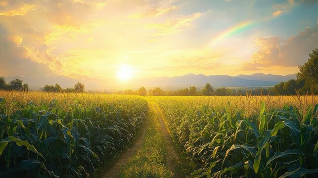 Golden sunlight illuminating a lush green cornfield with a clear sky featuring a soft rainbow above distant mountains in a peaceful rural landscape