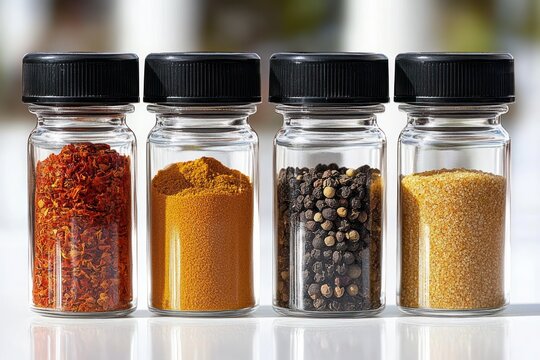 Four clear glass jars with black lids containing red chili flakes, yellow turmeric powder, black peppercorns, and yellow granulated spice lined up on white surface with blurred background