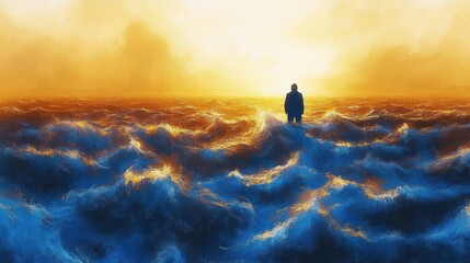 A solitary figure stands on turbulent ocean waves under a bright glowing yellow-orange sky, evoking feelings of isolation and contemplation