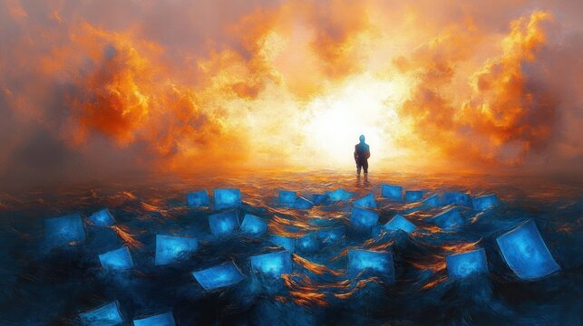 Silhouette of a person standing in an ocean of blue screens under a dramatic orange sky with glowing bright light in the background - Powered by Adobe