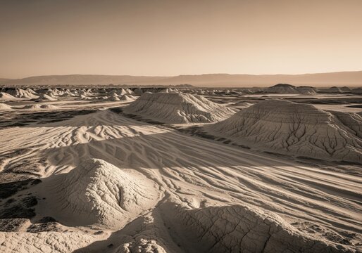 Dramatic desert landscape featuring sculpted yardangs and eroded chalk formations under a vast sky.