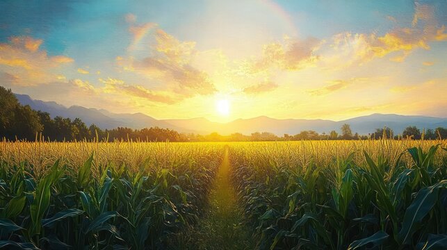 Sunset shining over a green cornfield with mountains in the background and partly cloudy sky - Powered by Adobe