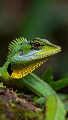 Obraz premium A close-up portrait showcases a vibrant green lizard, perched amongst lush foliage. Its head is detailed, with a textured crest and yellow throat