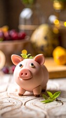 Obraz premium A cheerful, miniature pig figure on a wooden surface