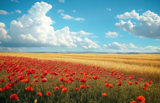 Vibrant field of red poppies in the foreground with golden wheat stretching towards a bright blue sky filled with scattered white clouds
