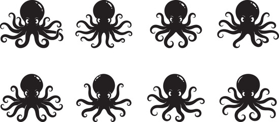 Eight black octopus illustrations with curled tentacles on white cephalopod marine life © designartwork28
